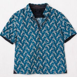 Ted Baker London Men Tiger Print Short Sleeve Button Down Teal Blue 4 cotton